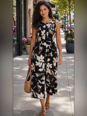 Calvin Klein Floral Smocked Wide Leg Jumpsuit Black Size 10